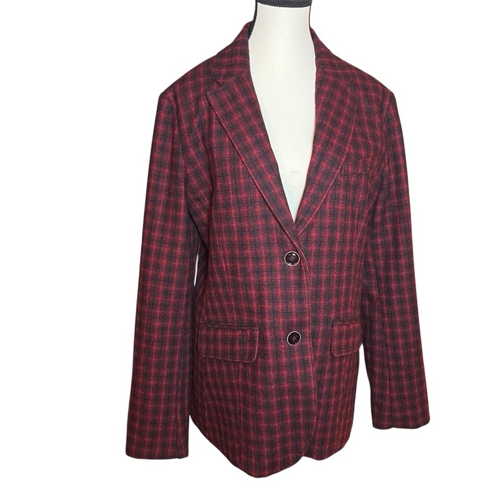Eddie Bauer Tartan Plaid Burgundy Red Black Wool Double Button Blazer Size 14